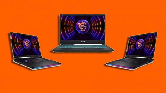 MSI gaming laptop sale: three laptops appear against an orange background, one facing the camera, and the other two pointing to either side.