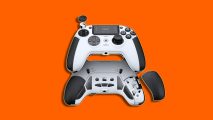 Nacon Revolution 5 Pro reveal: two white controllers appear an orange background with various components pulled back to show the inner workings of the controllers.