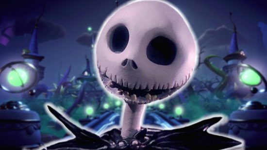 Ac lose up of Jack Skellington, star of the next Dreamlight Valley update, on a backdrop of the valley at night.