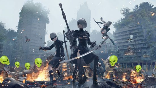 Nier Automata creator says he wants aliens to destroy the Earth: A woman with white hair in a bob and a black skater dress wearing a blindfold stands with a boy in black with a similar outfit in a ruined city surrounded by aliens