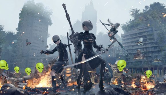 Nier Automata creator says he wants aliens to destroy the Earth: A woman with white hair in a bob and a black skater dress wearing a blindfold stands with a boy in black with a similar outfit in a ruined city surrounded by aliens