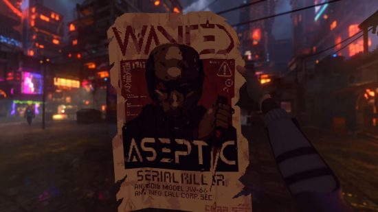 A wanted poster for the Aseptic, an android serial killer on the loose in Nivalis.