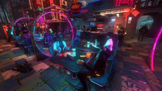 Customers converse at a table of the noodle bar that comes under new management in Nivalis, the tables ringed in neon decorations.