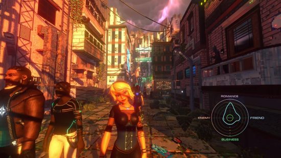 One of the citizens of Nivalis in conversation with the player on a busy street, a non-diegetic grid depicting her romantic and friendly disposition.