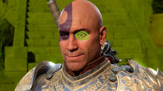 Image of a character from Baldur's Gate 3 with the Nvidia logo for an eye, in front of a green background.