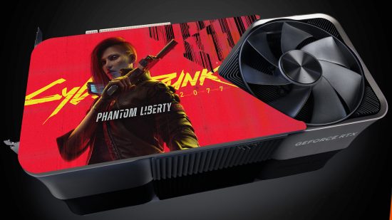 An image of the custom RTX 4090 Cyberpunk 2077 Phantom Liberty GPU from Nvidia.
