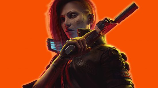 An image of V from Cyberpunk 2077 Phantom Liberty, holding a gun with an orange background.