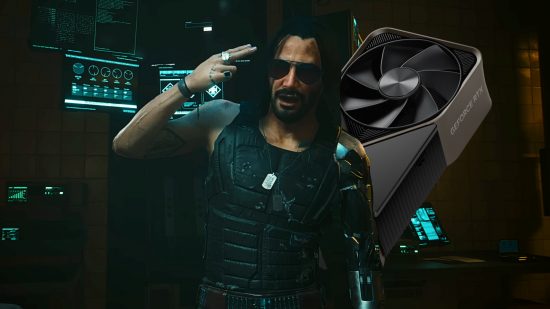 Johnny Silverhand stands in centre frame, in a screenshot from Cyberpunk 2077, with an Nvidia GeForce RTX GPU behind him