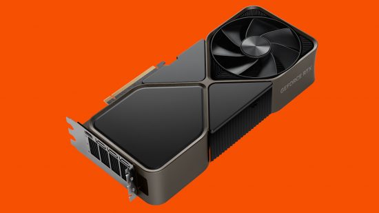 Nvidia GeForce RTX 5090 specs: A Founders Edition graphics card against an orange background