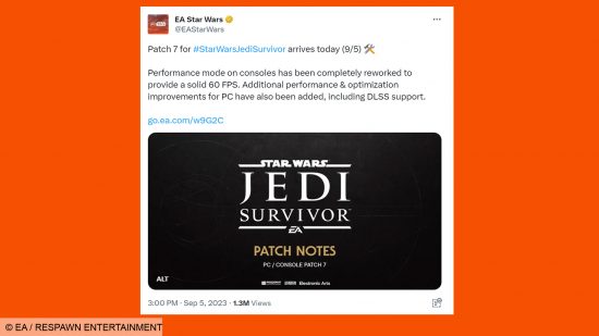 A screenshot of a tweet from EA regarding the Star Wars Jedi: Survivor update.