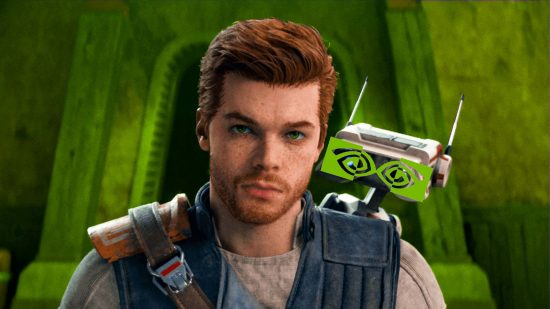 An image of Cal Kestis from Star Wars Jedi: Survivor, with the droid BD-1 on his shoulder with the Nvidia logo for eyes.
