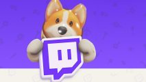 Party Animals Twitch drops: Nemo the dog holds up the Twitch logo on a purple and white backdrop.