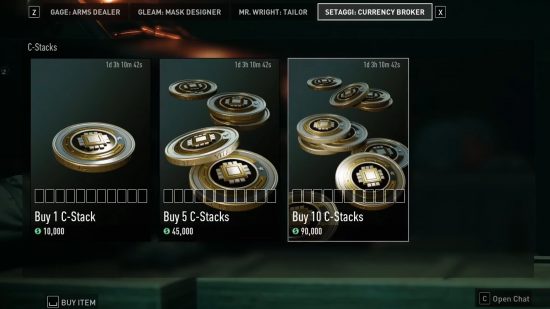 The purchase menu for Setaggi , the currency broker that sells Payday 3 C-Stacks in exchange for cash.