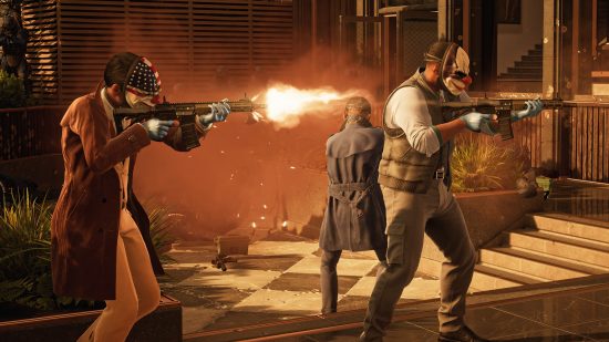 Payday 3 error codes: a group of bank thieves firing their weapons.