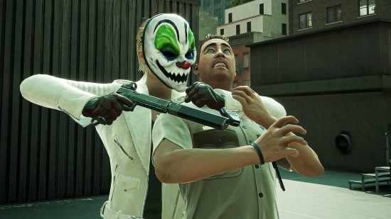 Payday 3 mask remove: a masked criminal holds a civilian hostage.