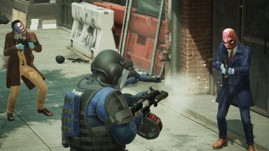 Payday 3 mask: two masked criminals have a gunfight with a police officer.
