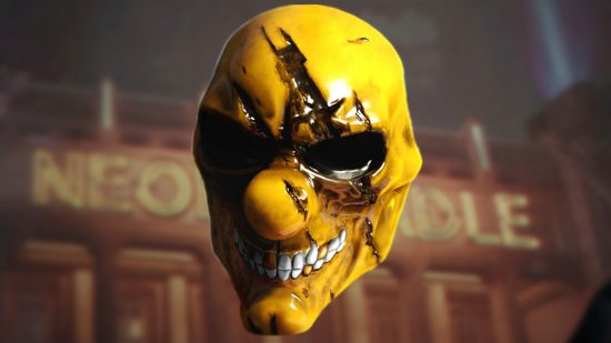 A yellow mask in from of the neon cradle, a location in one of the Payday 3 heists.
