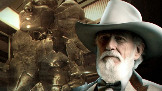 Keegan, wearing a large, white cowboy hat, stands in front of a gold statue as he introduces you to the final Payday 3 heists: Touch the Sky.