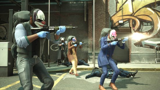 Payday 3 mods: Several criminals with masks shooting at the police off-screen.