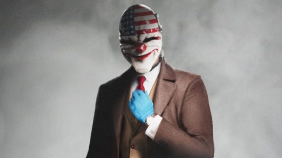 Payday 3 review: a suited bank robber wearing a mask featuring the US flag.