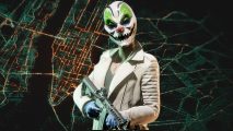 Payday 3 solo: One of the Payday 3 characters, Pearl, wearing a mask and standing before a backdrop of a map of New York city.