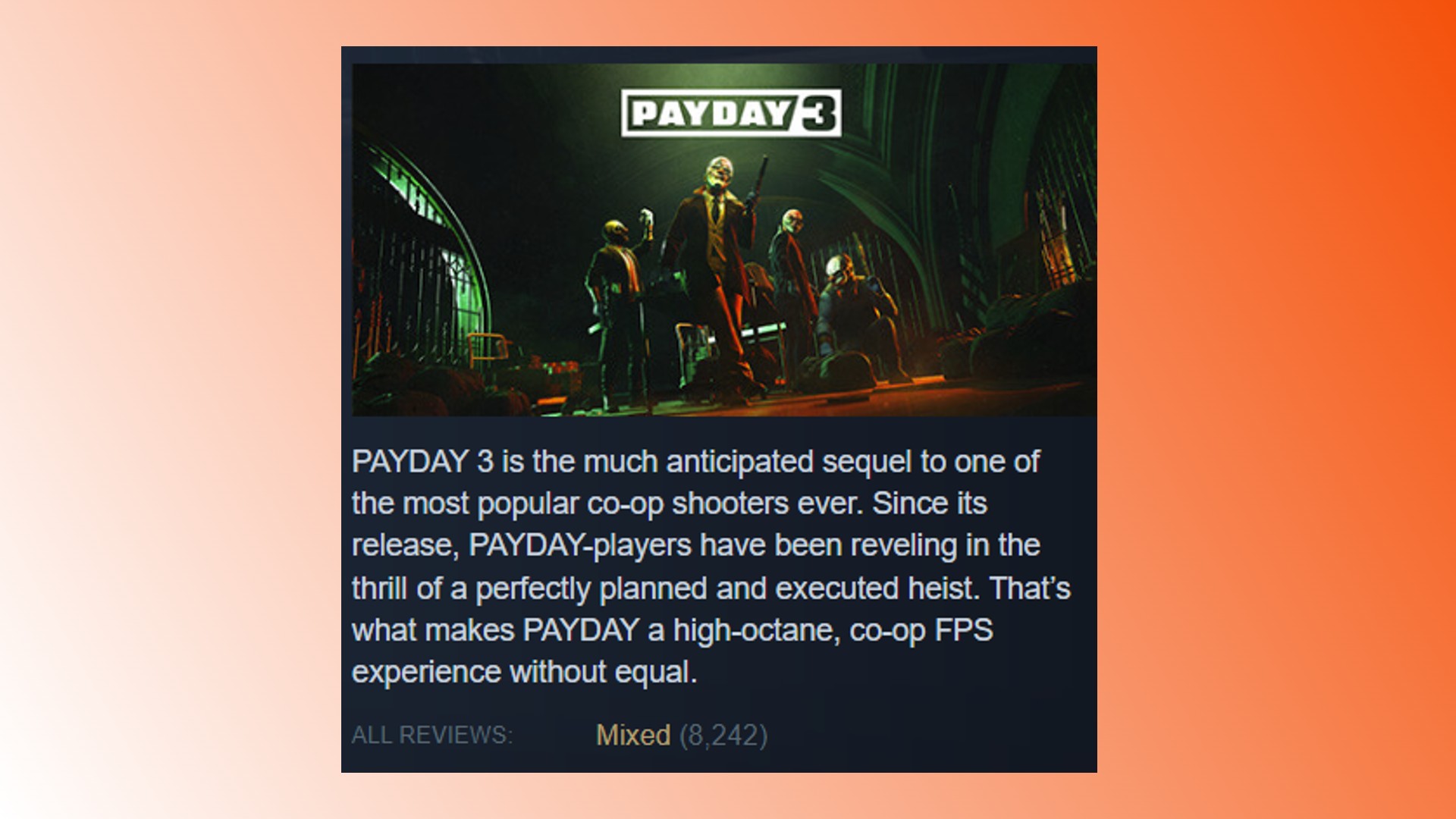 Payday 3 Steam reviews: The Payday 3 Steam page displaying its mixed rating from players