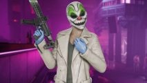 Payday 3 update matchmaking: a purple lit nightclub in the background, with a women in a white leather jacket and a clown mask holding a gun in front