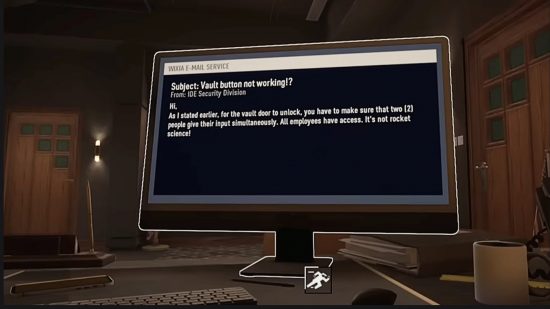 A computer monitor confirming that a Payday 3 vault needs unlocking by a two-person system. 