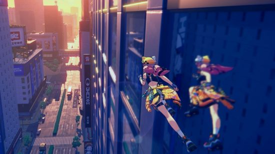 Project Mugen release date: an anime style female runs across the side of a building.