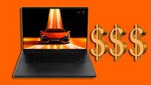 Razer Blade 16 x Automobili Lamborghini Edition reveal: a black laptop with a car on its screen appears next to three dollar signs against an orange background.