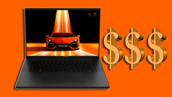 Razer Blade 16 x Automobili Lamborghini Edition reveal: a black laptop with a car on its screen appears next to three dollar signs against an orange background.
