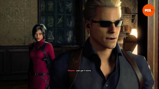 Resident Evil 4 Remake Separate Ways - Albert Wesker walks away from Ada Wong, saying, "Just get it done."