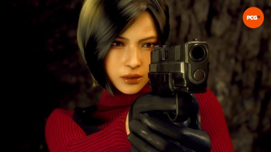 Resident Evil 4 Remake Separate Ways - Ada Wong points her handgun forwards.