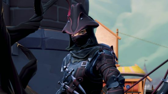 A Runescape character wearing a black tri-hat with a mask covering their mouth stands holding a huge spiked bow