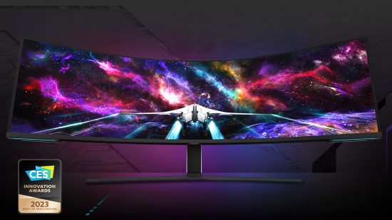 An image of the Samsung Odyssey Neo G9, with the CoreSync and Core Lighting+ technology lighting the room up to match the space scene on the screen.