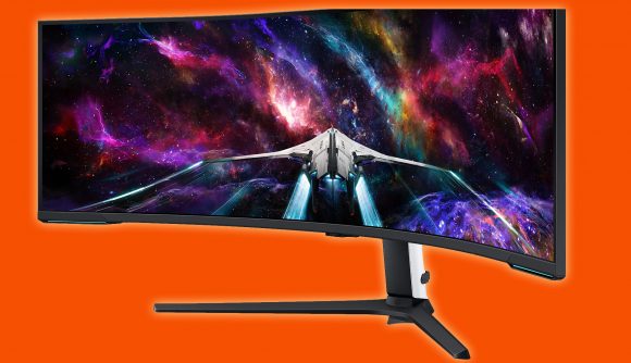 An image of the Odyssey Neo G9 gaming monitor on an orange background.