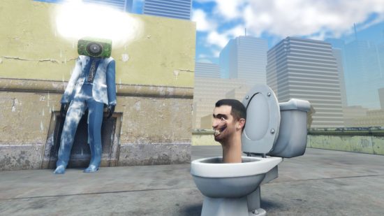 Skibiverse codes: A man's head in a toilet looks at the weatherman, a figure in a cloud suit with a camera for a head