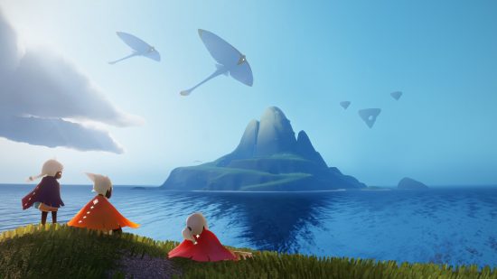 Three characters sit looking out at the ocean in Sky: Children of the Light, one of the best new MMOs.