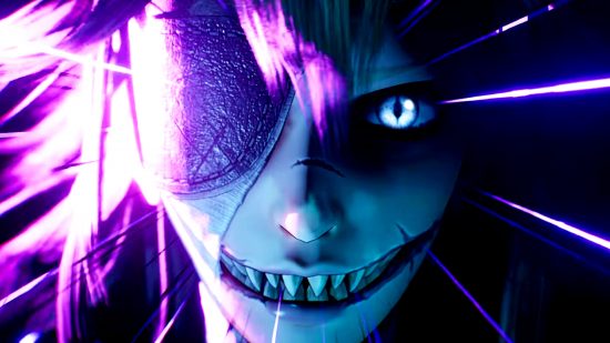 Free PC game Soulstice - A sharp-toothed figure wearing an eyepatch gives a wide smile.
