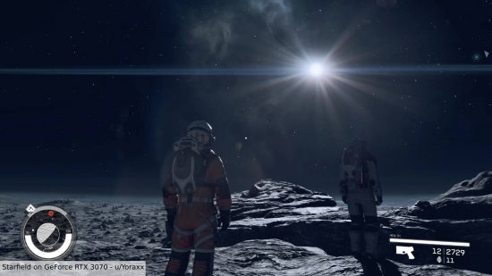 Error de estrellas de las GPU Starfield AMD Radeon: dos astronautas miran hacia el cielo y ven una estrella brillante y cercana.