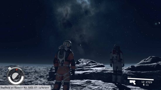 Error de estrellas de las GPU Starfield AMD Radeon: dos astronautas miran al cielo.