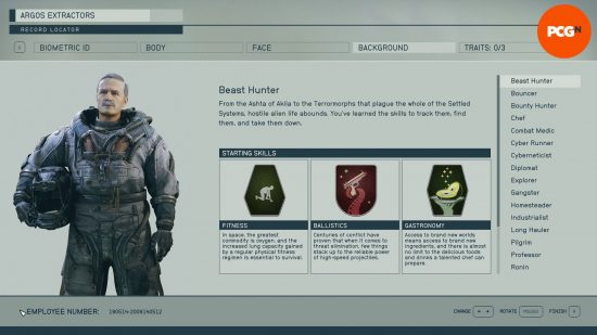Starfield backgrounds: a menu screen showing the skills associated with the background beast hunter.