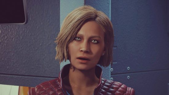 Starfield biggest mod: a women with blond hair and a red jacket looks into the camera