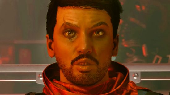 Starfield's most dangerous bugs, explained by Pete Hines of Bethesda - Delgado, a man with a scar across his eye and a moustache with stubbled beard, wearing a red neck scarf.