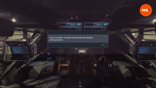 Starfield carry weight: an in-game message that reads “use of certain console commands will disable achievements” 