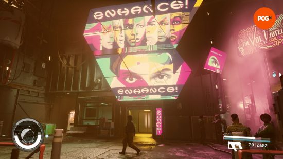 The facade of the Enhance genetic salon as it appears in Neon City, lit up with many different screens showing a range of faces, presumably inspiration when looking to change appearance in Starfield.