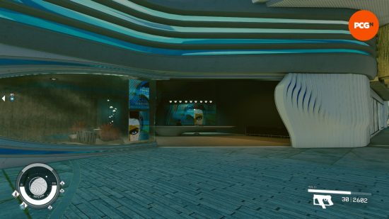 The facade of the Enhance genetic salon as it appears in New Atlantis, set back from the main promenade in the Commercial District but the easiest way to change appearance in Starfield.