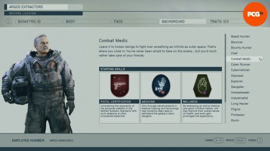 Starfield backgrounds: a menu screen showing the skills associated with the background combat medic.