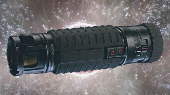 A Starfield digipick as shown in the inventory menu. It's a cylindrical item with a scope and a bunch of coils inside.