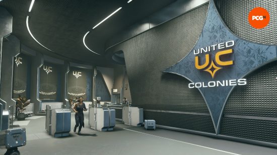Starfield easy resources: a building interior with the sign "United Colonies" and a woman in the foreground